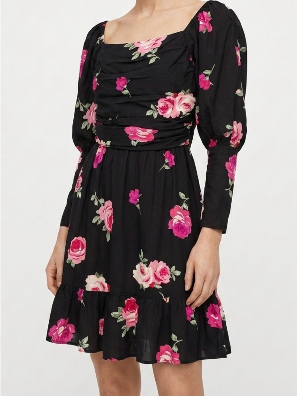 Miss Selfridge Rose Floral Ruched Fit & Flare Mini Dress Size US 6 NWT